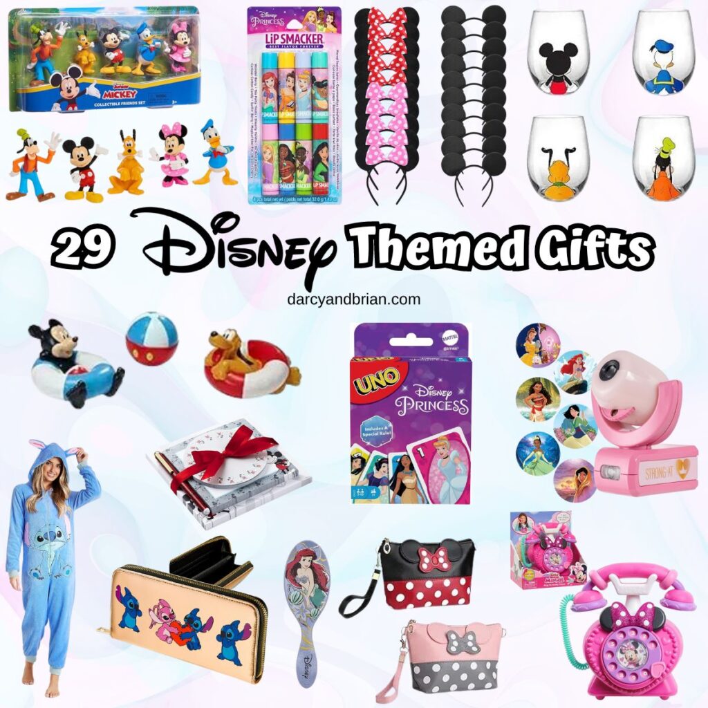 Square image with a collage of various items featuring Disney characters. Includes toys, apparel, and games.