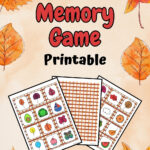 Preview of pages of fall memory game cards overlapping on a background with autumn leaves.