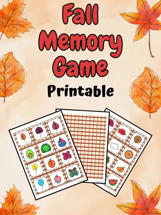 Preview of pages of fall memory game cards overlapping on a background with autumn leaves.