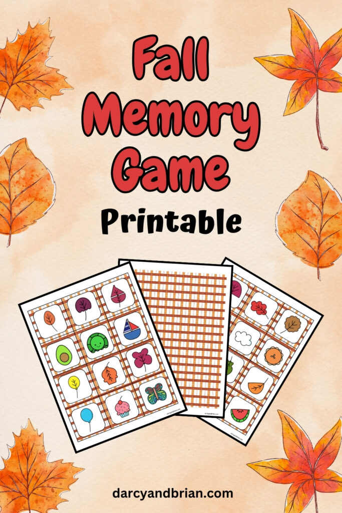 Preview of pages of fall memory game cards overlapping on a background with autumn leaves.