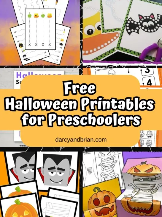 Collage of different printable activities with a Halloween theme such as scissors practice pages, matching game, lacing cards, and Halloween surprise foldable cards.