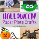 Collage of crafts made out of paper plates including a bat, pumpkin, cat, spider, and Frankenstein's monster.