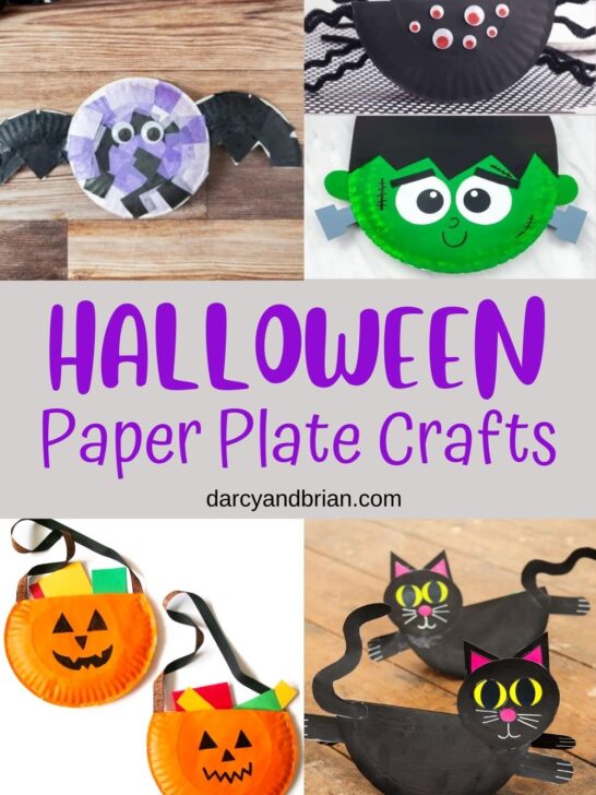 Collage of crafts made out of paper plates including a bat, pumpkin, cat, spider, and Frankenstein's monster.