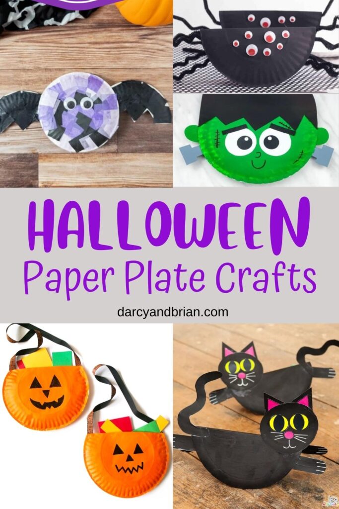 Collage of crafts made out of paper plates including a bat, pumpkin, cat, spider, and Frankenstein's monster.