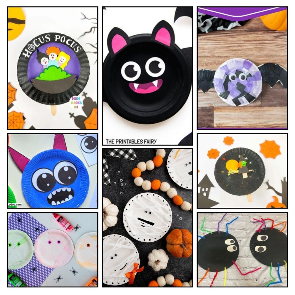 Eight different paper plate Halloween kids' crafts. Includes bats, monsters, mummies, witches, and spiders.