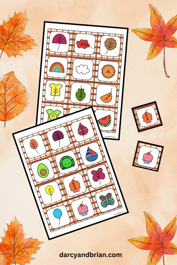 Printable game cards with images of leaf shapes and various objects with a matching shape.