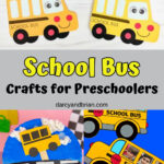 Collage of three different cute school bus crafts that preschool children can make.