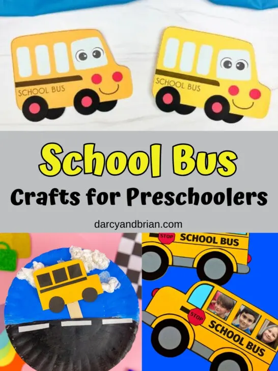 Collage of three different cute school bus crafts that preschool children can make.