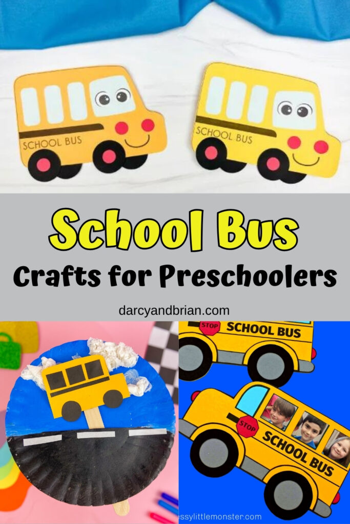 Collage of three different cute school bus crafts that preschool children can make.