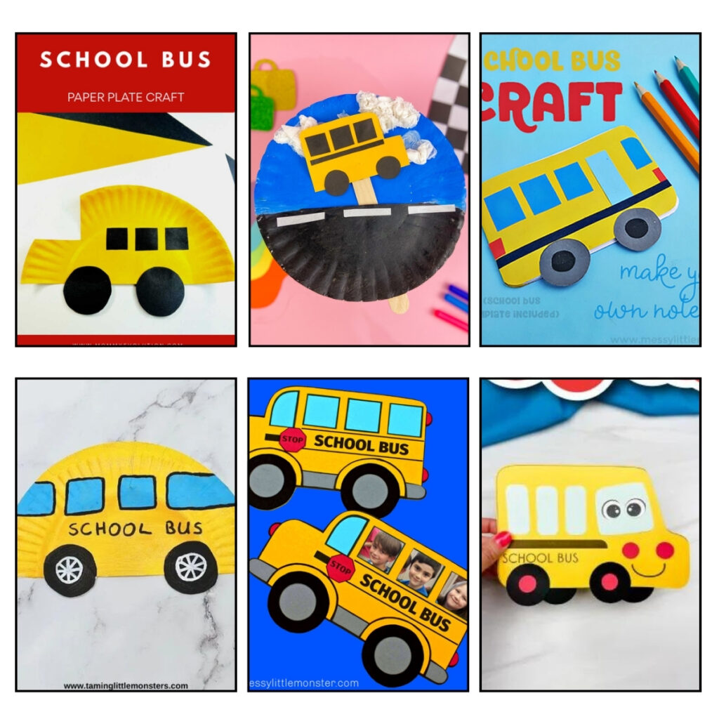 Six different craft projects featuring busses. They are made out of a variety of materials including paper plates and construction paper.