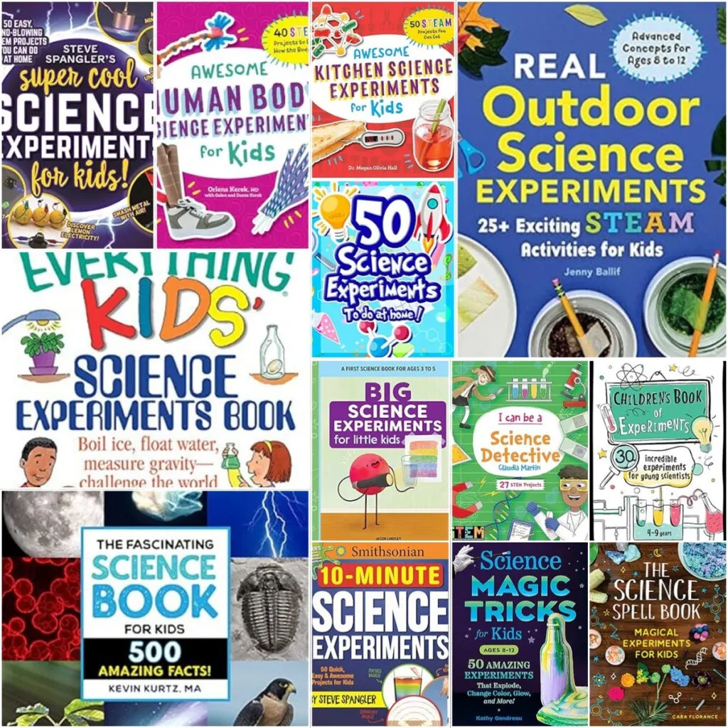 Collage of covers for books with science experiments and information for kids.