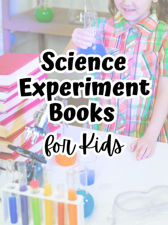 Black text in middle says Science experiment books for kids over a background of a child at a table with colored test tubes and other science items.