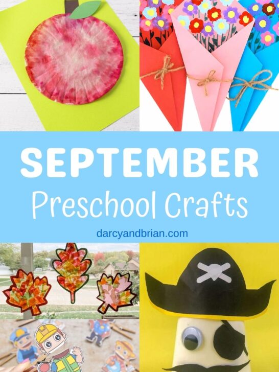 Collage of an apple craft, leaf suncatchers, flower bouquet craft, and a pirate face craft. White text on light blue background in the middle says September Preschool Crafts.