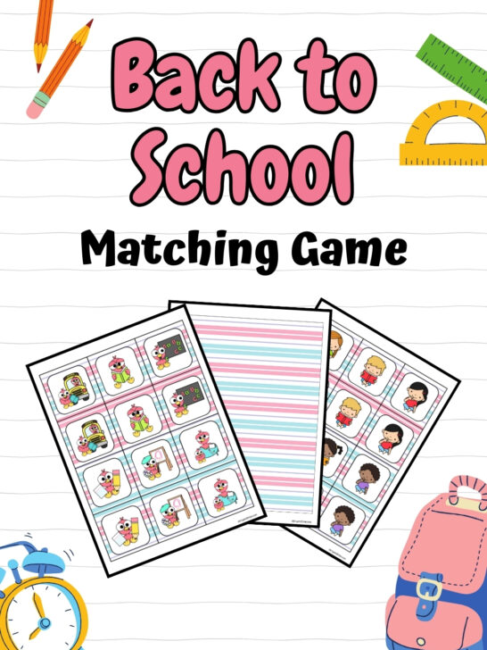 Pink and black text says Back to School Matching Game. Preview of printable sheets of cards overlapping each other. Background is lined notebook paper, a clock, backpack, pencils, and rulers.