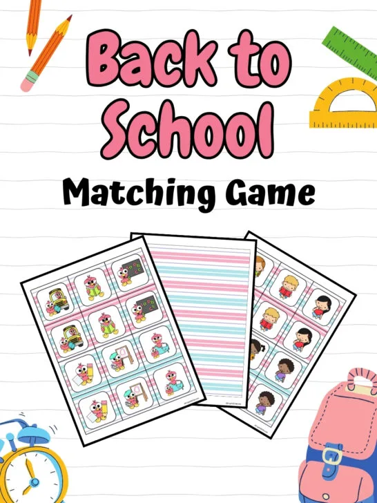 Pink and black text says Back to School Matching Game. Preview of printable sheets of cards overlapping each other. Background is lined notebook paper, a clock, backpack, pencils, and rulers.