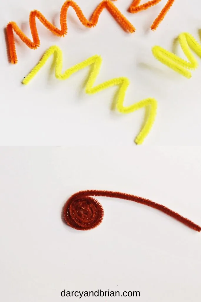 Top image shows orange and yellow chenille stems folded in a zigzag pattern. Bottom image shows a brown stem being coiled into a circle.