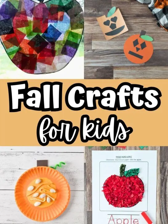 Collage with an apple suncatcher, shape pumpkins, parts of a pumpkin, and apple tissue paper crafts.