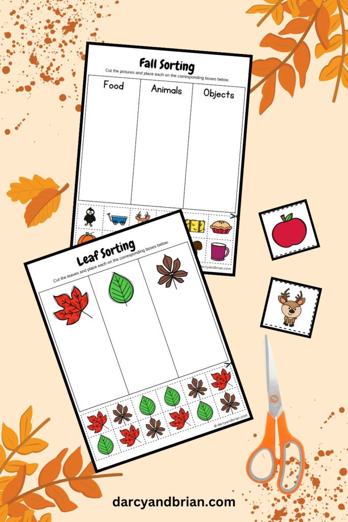 Two pages of cut and paste categorization. One with sorting different leaf shapes and colors. Another page with objects, food, and animals with an autumn theme.