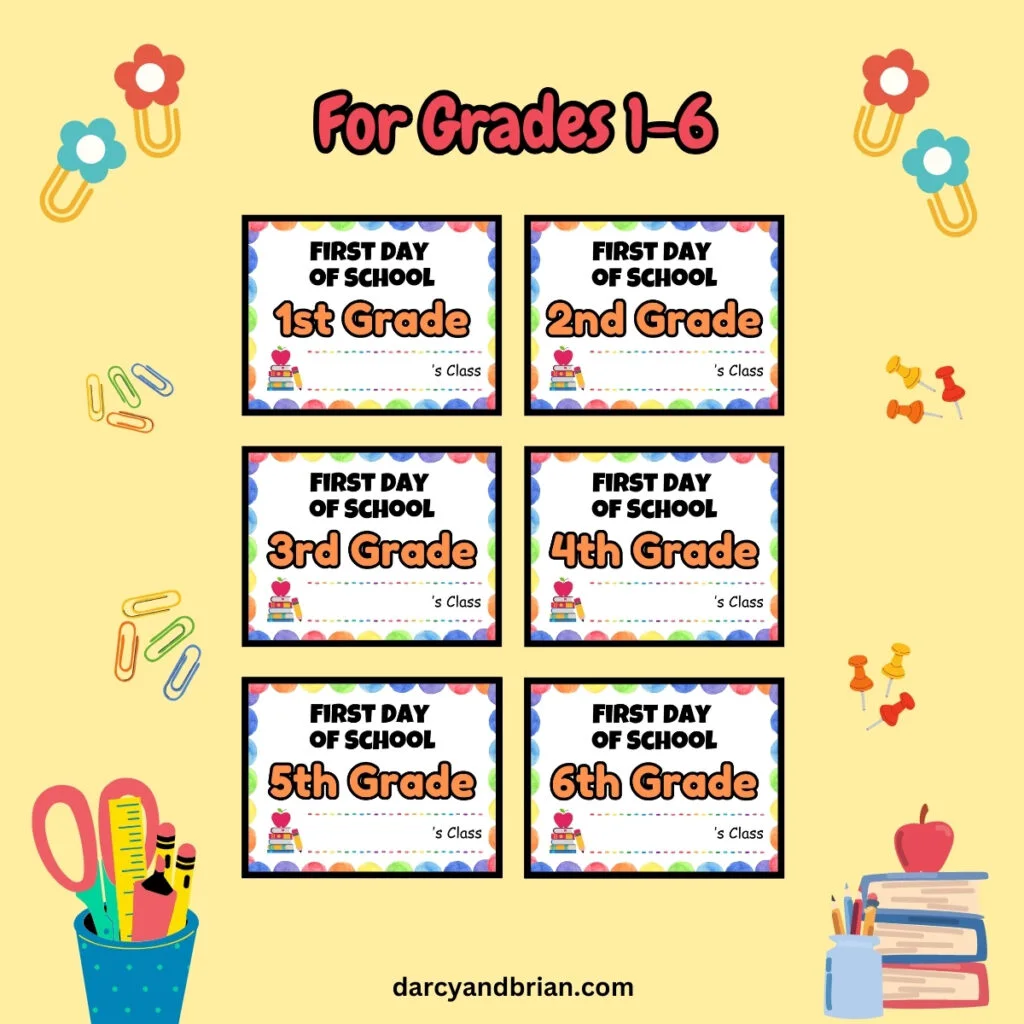 Editable teacher signs for grades first through sixth on a yellow background.