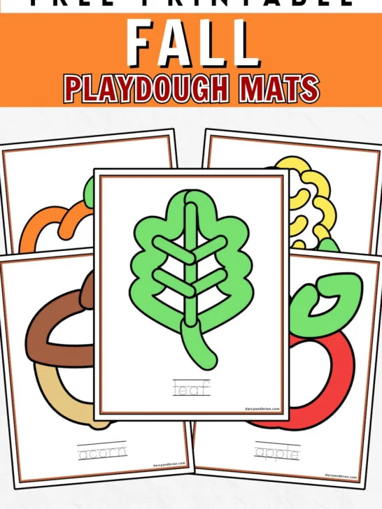 Text at the top says Free Printable Fall Playdough Mats on an orange background. Preview of the color version of five mats.