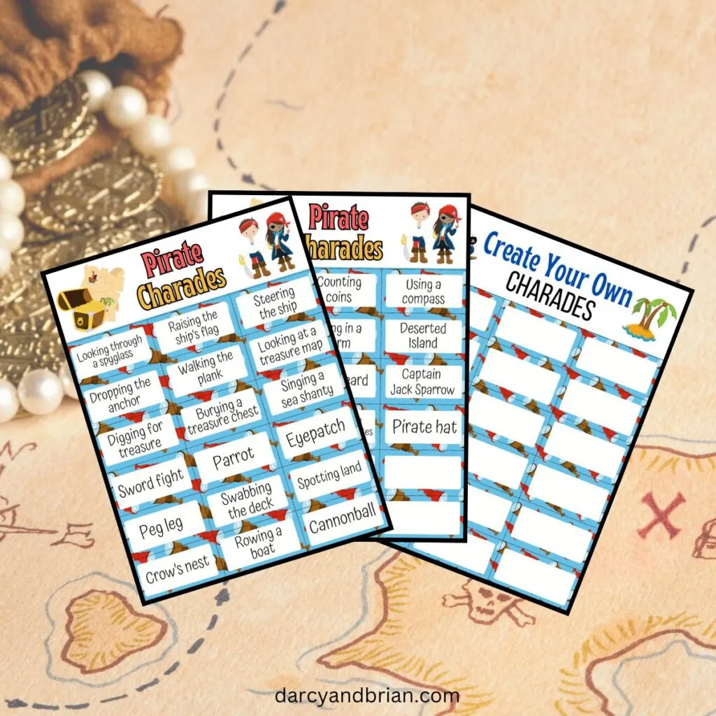 Two pages of acting prompts related to pirates and one blank set. The pages are fanned out over a treasure map background.