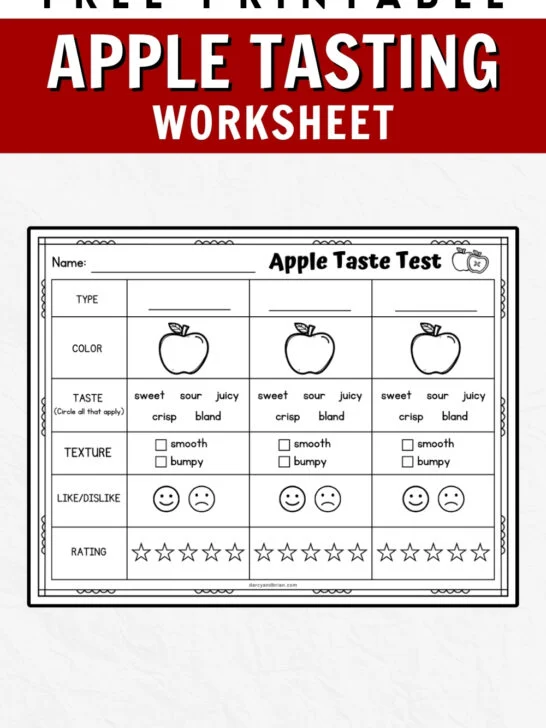 Text at the top on a red background says Free Printable Apple Tasting Worksheet. Digital preview of the worksheet below that.