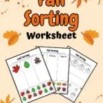 Preview of a set of three worksheets for fall themed sort activity on a light orange background decorated with leaves.