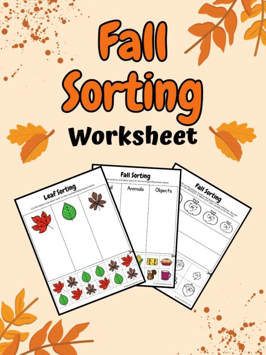 Preview of a set of three worksheets for fall themed sort activity on a light orange background decorated with leaves.