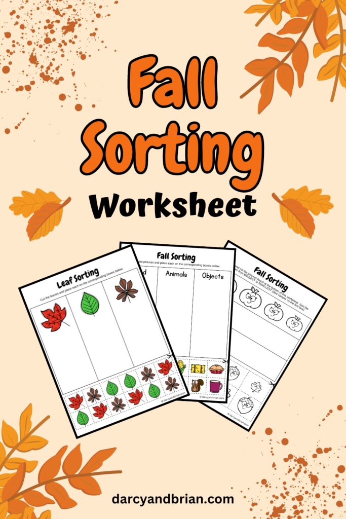 Preview of a set of three worksheets for fall themed sort activity on a light orange background decorated with leaves.