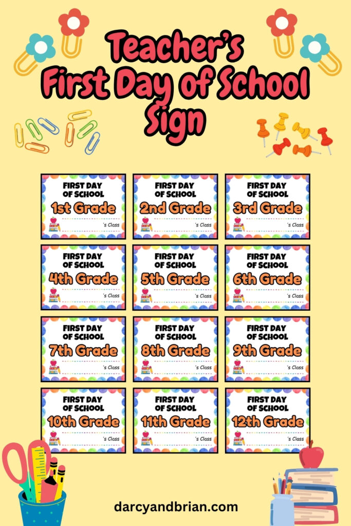 Mockup with printable grade level signs for teachers first day.