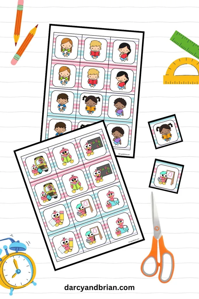 Two pages of cards to cut apart to play a memory match game featuring cute kids and flamingos doing school activities.