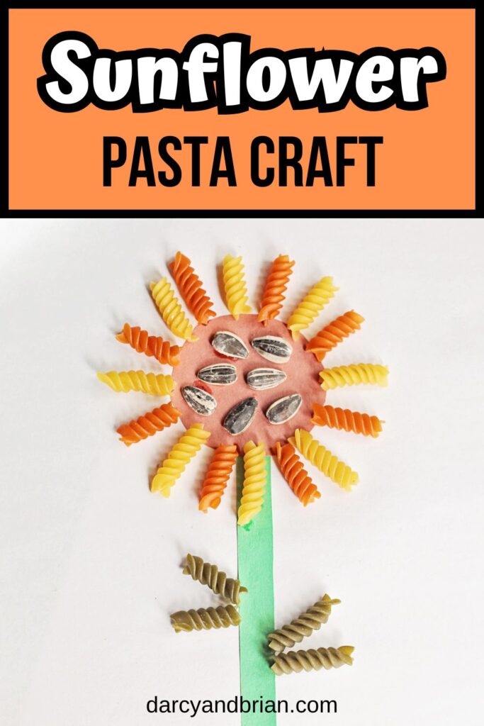 White and black text on orange background at top says Sunflower Pasta Craft. Photo of completed project using paper, noodles, and seeds.