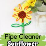 Cute sunflower made using pipe cleaners and a pencil standing up in a small vase. Decorate faux sunflowers decorate the back of the picture. Text on lower half says Pipe Cleaner Sunflower Craft on a light green splash brush stroke.