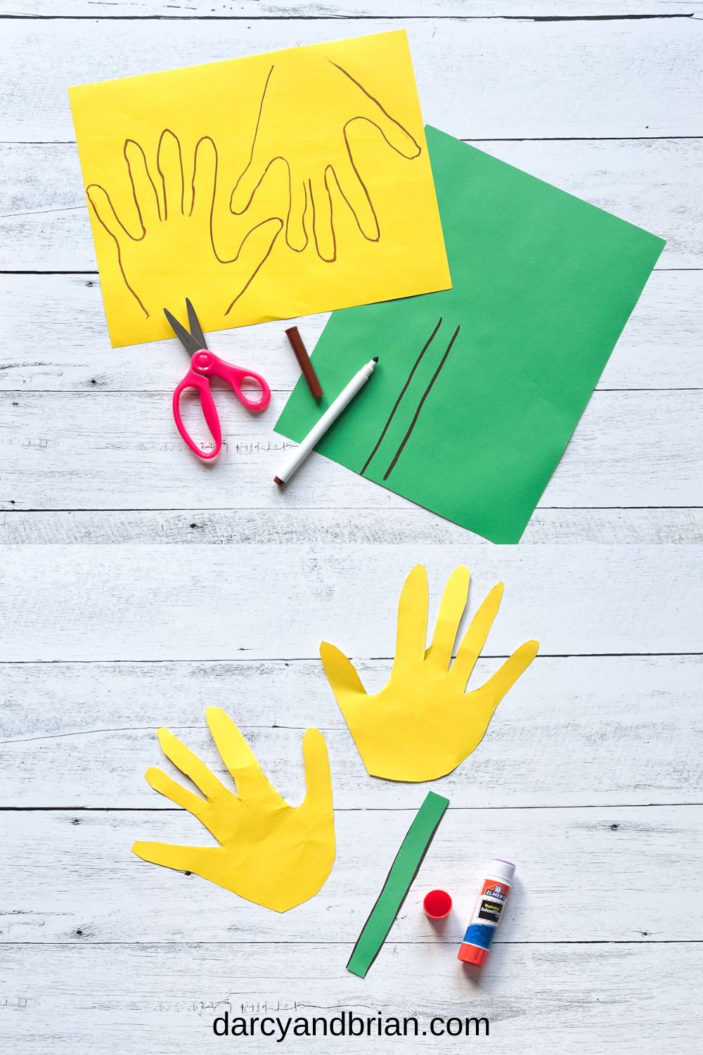 Two hands trace on yellow paper and a stem outlined on green paper. Below are the pieces cut out.