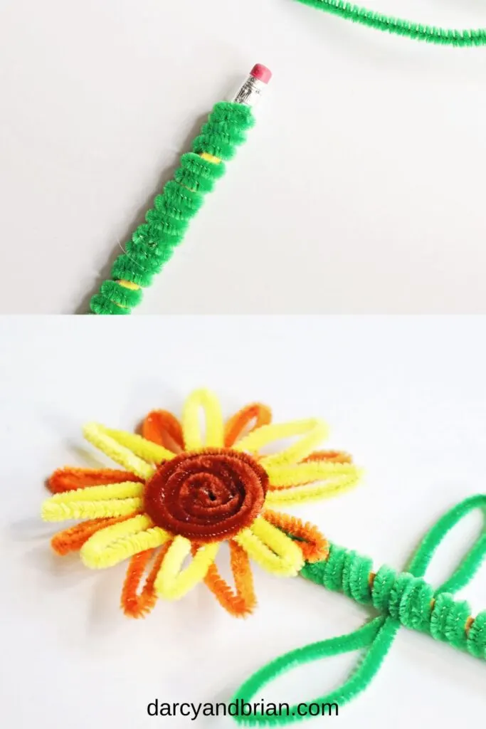 Top image shows green pipe cleaner tightly wrapped around a pencil and the eraser end sticking out. The bottom one shows additional green stems used to create leaves and the flower head glued to the top of the pencil.