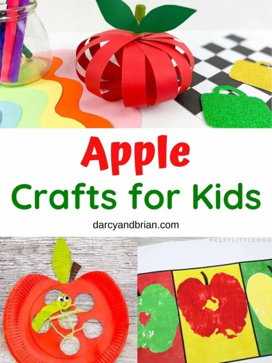 Top image is an apple made with red paper strips. Bottom two photos show apple stamp painting and a paper plate apple with a worm sticking out of it. Middle of image says Apple Crafts for Kids in red and green text.