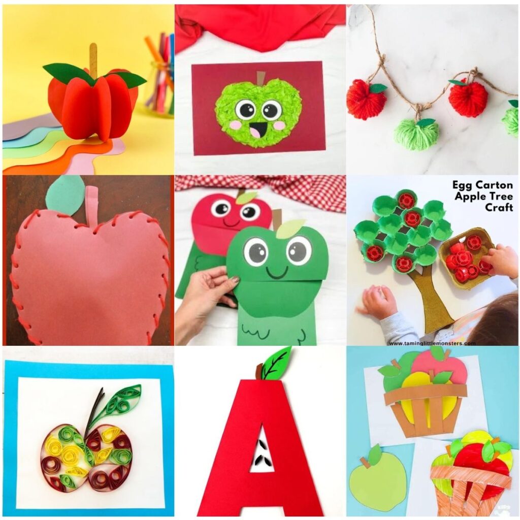 Collage of nine different craft projects of red and green apples. Most are made out of paper.