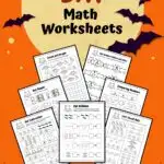 Text near top says Bat Math Worksheets on a large moon background. Silhouettes of flying bats and a house skyline along the bottom with a dark orange sky. Preview of 7 pages overlapping each other.