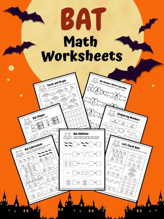 Text near top says Bat Math Worksheets on a large moon background. Silhouettes of flying bats and a house skyline along the bottom with a dark orange sky. Preview of 7 pages overlapping each other.