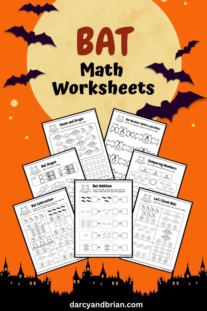 Text near top says Bat Math Worksheets on a large moon background. Silhouettes of flying bats and a house skyline along the bottom with a dark orange sky. Preview of 7 pages overlapping each other. 