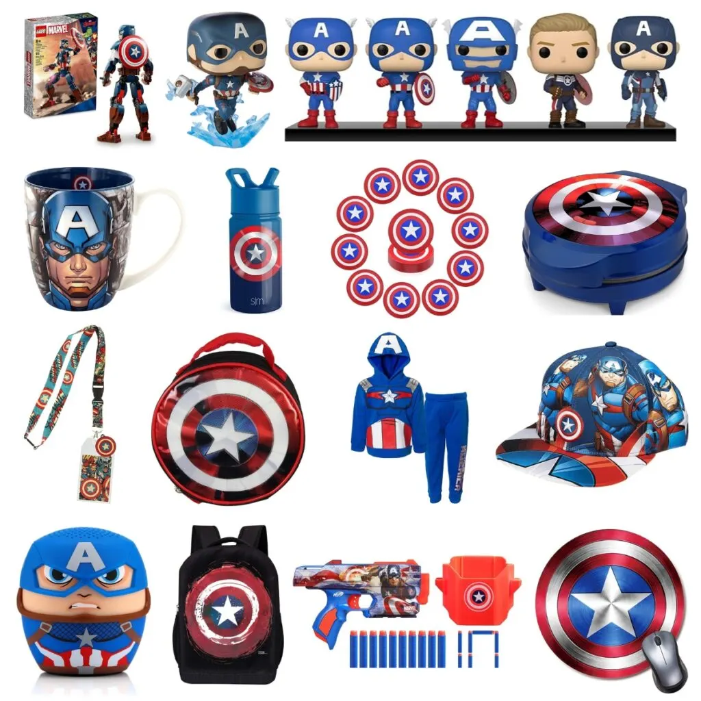 Collage of different gift ideas for kids who love Captain America. Includes toys, apparel, and home items such as a lunchbox and shield waffle maker.