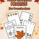 Orange text on an autumn themed background says Fall Cutting Practice for Preschoolers. Five pages with different items to cut out fanned out on the background.