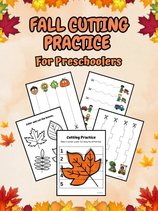 Orange text on an autumn themed background says Fall Cutting Practice for Preschoolers. Five pages with different items to cut out fanned out on the background.