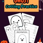 Orange and teal text near top says Ghost Cutting Practice. Preview of five worksheets overlaping on a dark background. Corners are decorated with cute ghost graphics.