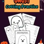 Orange and teal text near top says Ghost Cutting Practice. Preview of five worksheets overlaping on a dark background. Corners are decorated with cute ghost graphics.