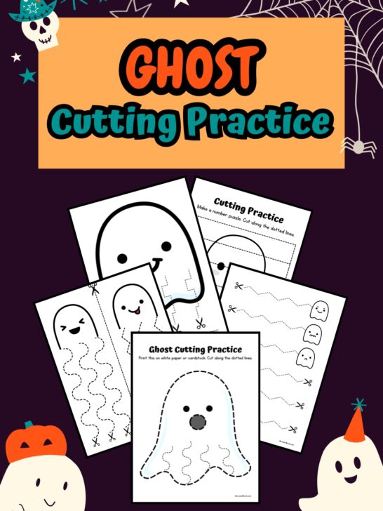 Orange and teal text near top says Ghost Cutting Practice. Preview of five worksheets overlaping on a dark background. Corners are decorated with cute ghost graphics.