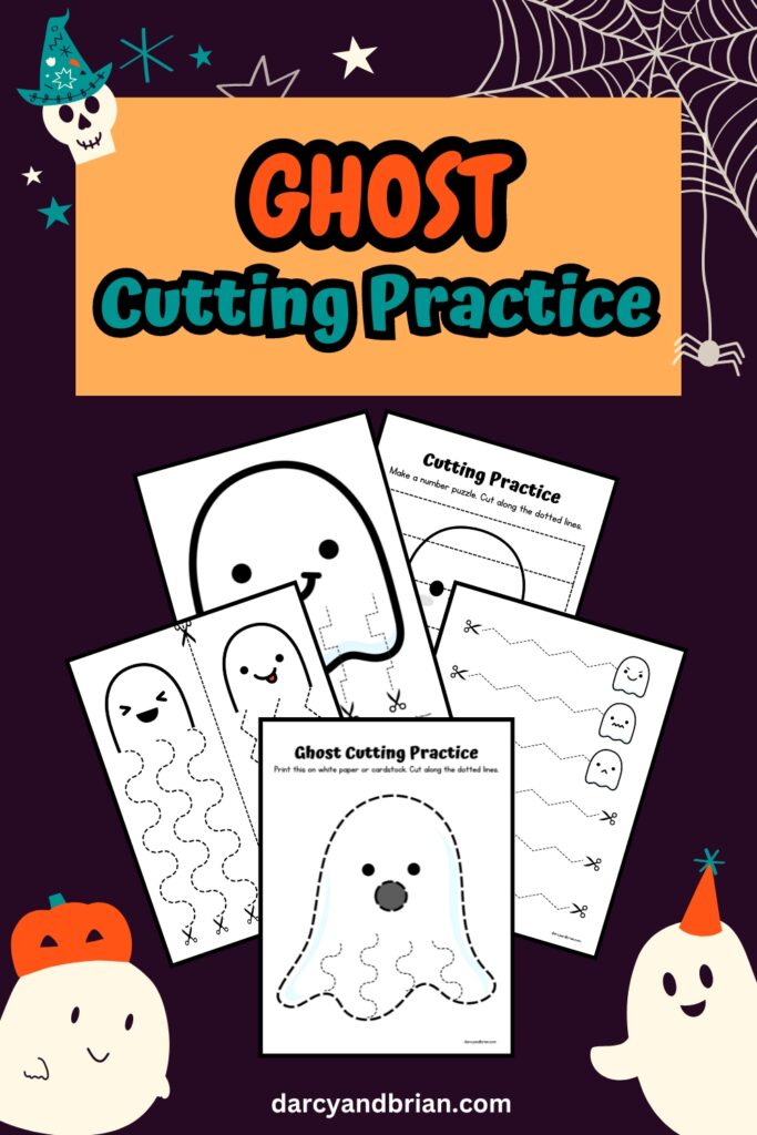 Orange and teal text near top says Ghost Cutting Practice. Preview of five worksheets overlaping on a dark background. Corners are decorated with cute ghost graphics.