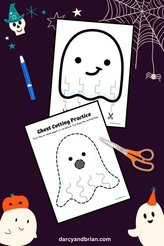 Two pages featuring cute ghosts with wavy and uneven dashed lines to cut.