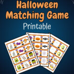 Orange text on dark background says Halloween Matching Game. Preview of the printable game cards fanned out. Image is decorated with glowing jack-o-lantern faces.