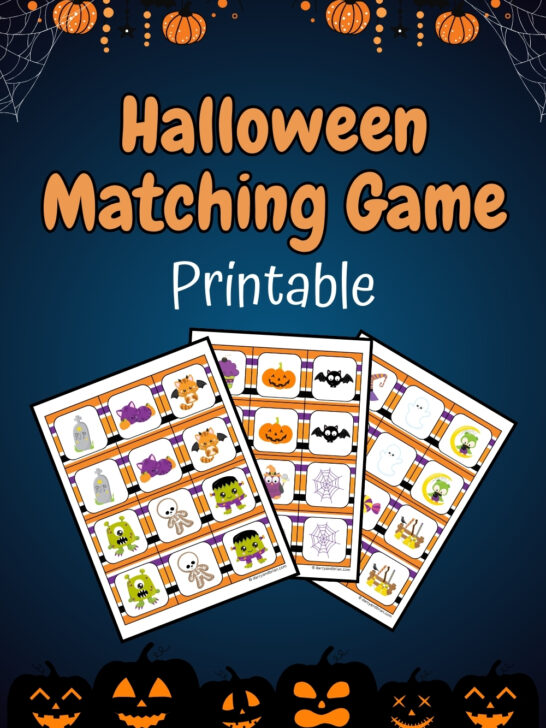 Orange text on dark background says Halloween Matching Game. Preview of the printable game cards fanned out. Image is decorated with glowing jack-o-lantern faces.